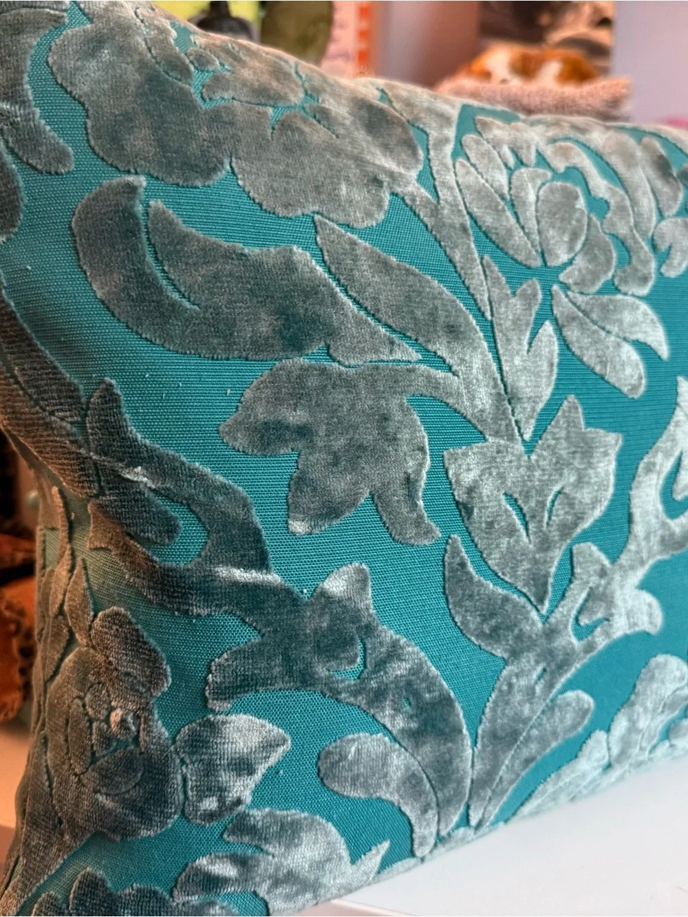 Vintage Pier 1 Imports Teal Velvet Damask Lumbar Pillow